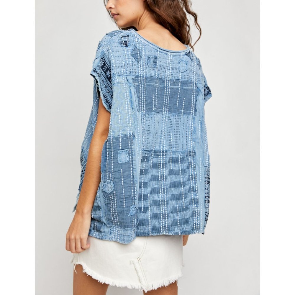 NWT Free People Patch Me Up Tee / Denim Combo - Picture 2 of 6
